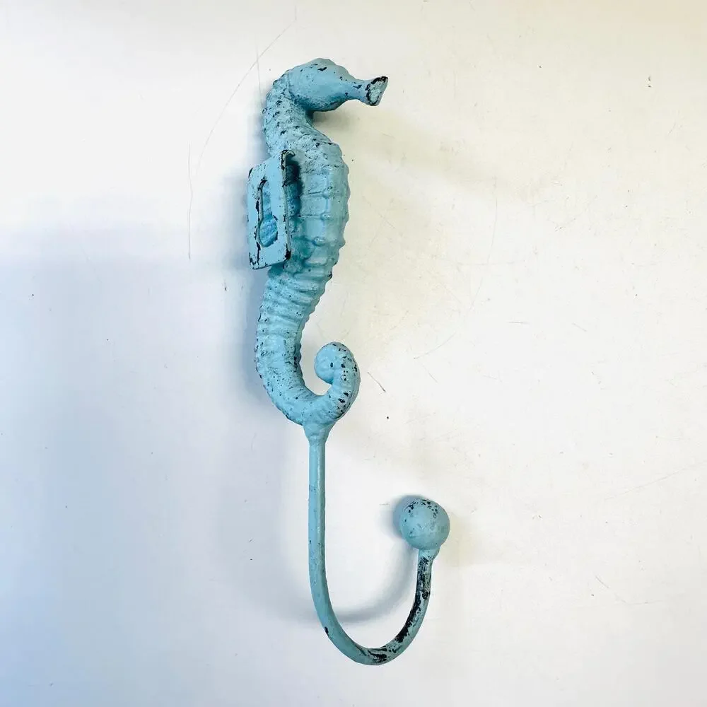 Vintage Blue Seahorse Wall Hook Ocean Theme Decor